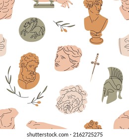 Modern Greek pattern with ancient sculptures, statues. Endless background design with Greece gods, goddesses repeating print. Trendy abstract antique texture. Colored flat vector illustration.