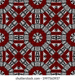 Modern greek seamless pattern. Vector geometric black white red background. Tribal ethnic backdrop. Greek style floral ornaments. Abstract design with shapes, greek key, meanders, flowers, mazes. 