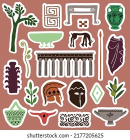Modern Greek stickers with ancient vases, plants and sculptures. Trendy abstract antique texture. Colored flat vector illustration.