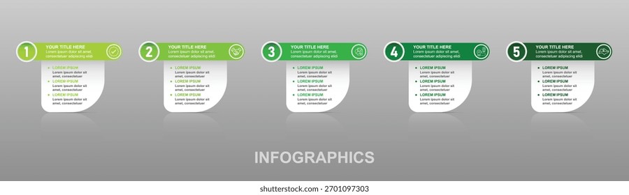 Modern green 5 step process template designed for business presentations, workflow planning, and strategy visualization. This clean and professional flat vector layout is ideal for showcasing corporat