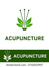 Um logotipo moderno de acupuntura verde com três agulhas estilizadas integradas com folhas verdes frescas