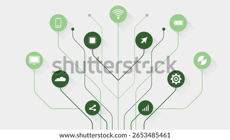 Modern green background featuring digital network lines and technology icons perfect for tech designs and innovation themes