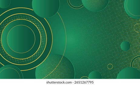 Modern green background featuring golden halftone circles and geometric shapes perfect for luxury designs presentations and digital art projects