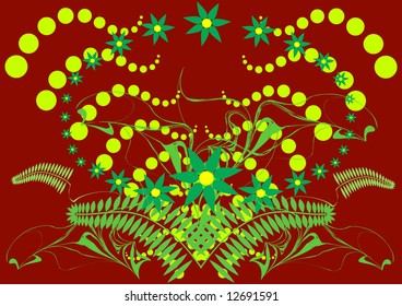 Modern green background with waves,leafs and flowers, vector illustration