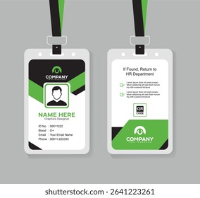 Modern Green and Black ID Card Design Template for Corporate and Office Staff with QR Code and Clean Layout