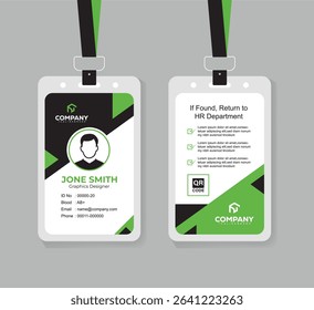 Modern Green and Black ID Card Design Template for Corporate and Office Staff with QR Code and Clean Layout