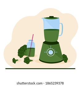 Modern Green Blender Cooking Broccoli Detox Diet Smoothie with Set Sail Champagne Background.