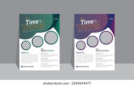 Modern green blue and cyan color Travel flyer or poster brochure design a4 layout, Tour flyer, Creative and professional tourism print ready colorful vector template