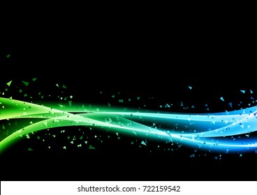 Modern green to blue gradient fresh wave over dark background. Triangular particle pattern graphic layout. Vector illustration