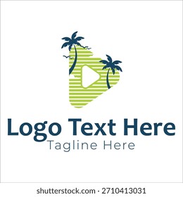 Vector moderno del logotipo del Botón del juego verde y azul. Plantilla Video de iconos de palmeras tropicales y aves para viajes, medios de comunicación, vacaciones o App digital.