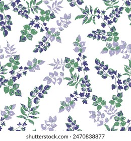 Modern green with blue seamless pattern with leaves. Raster illustration. branches with leaves on white background. seamless pattern.