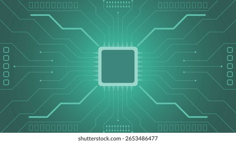 Modern green circuit board background featuring a central microchip and electronic lines perfect for tech digital and innovation designs