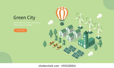 Modern Green City Center with  Private Houses, Solar Energy Panels, Windmills and Electric Cars. Eco Town Powered by Renewable Energy. Ecology Concept. Flat Cartoon Vector Illustration.