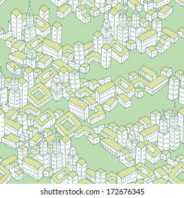 Modern Green City seamless pattern is repetitive texture with hand drawn houses. Illustration is in eps8 vector mode.