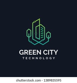 Modern Green City Technology Logo With Data Network Lines