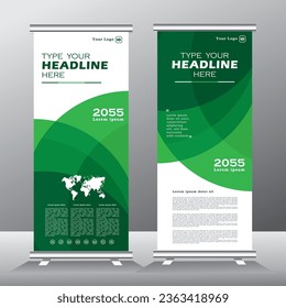 Diseño vertical de pancarta de folletos de negocios con el repertorio de color verde moderno, fondo de presentación de portada, publicación moderna x-banner y banner de bandera, stand de banner Rolup up