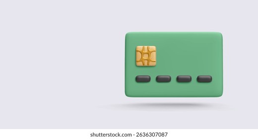 Modern Green Credit Card Icon with Chip and Minimal Details, Isolated on Light Background. Ideal for Finance, Banking, Payments, or E-commerce Themes. Realistic Vector Illustration in 3D Style.