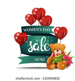 Modern green discount banner to the women's day with balloons and Teddy bear with a bouquet of tulips