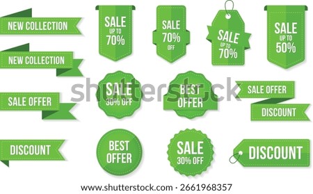 Modern Green Discount Labels – Vector Tags for E-commerce Deals, New Arrivals and Retail Promotions

