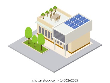 Modern green eco house with solar panels producing electricity on roof isometric vector illustration