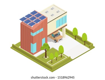 Modern green eco house with solar panels producing electricity on roof isometric vector illustration