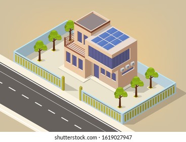 Modern green eco house with solar panels producing electricity on roof isometric vector illustration