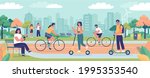 Modern green ecology city with park area, ecological transport and young people resting in the park