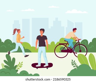 Modern green ecology city with park young people resting in the park. Vector illustration