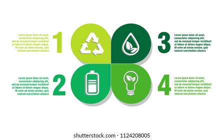 Modern green ecology concept infographic chart layout with icons. Design elements for presentation slide, templates 4 options, parts, steps