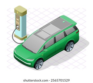 A modern green electric station wagon charging at a station, depicted in detailed isometric illustration. Ideal for electric vehicle promotions, infographics, and environmental campaigns.