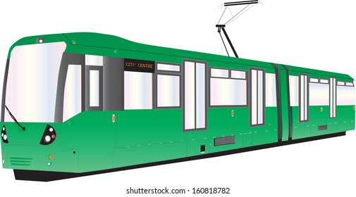 A Modern Green Electric Tram or Trolley Car isolated on white