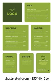 Modern green flat minimalistic vertical restaurant menu template with nice typography