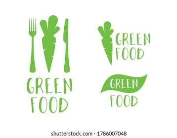 Modern green food fresh logo with carrots and cutlery icon set vector. Healthy food icon set. Logo for healthy lifestyle. Green food icon isolated on a white background