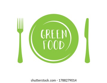 Modern green food fresh symbol with with plate and cutlery icon vector. Symbol for healthy lifestyle. Green food icon isolated on a white background. Green food inscription on a plate vector