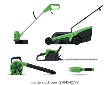 Modern green garden electric machine equipment set realistic vector illustration. Engine gardening farming instrument lawn mover and trimmer blowing rake for maintenance cultivating