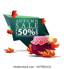 Modern green geometric discount banner to the autumn sale with jar of jam and maple leaves