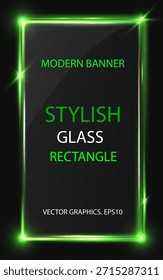 Moderner grün leuchtender Glas-Rechteckrahmen mit neonleuchtenden Kanten, futuristisches Banner-Design auf dunklem Hintergrund.