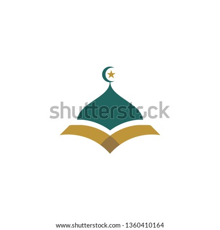 Modern Green Gold Islamic Mosque And Quran Logo flat style Isolated on White Background. Vector Illustration