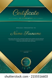 Modern green and gold premium certificate of appreciation template. Vector illustration for multipurpose business and education needs