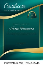 Modern green gold premium certificate of appreciation template. Vector illustration for multipurpose business and education needs