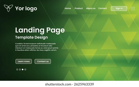 Modern green gradient website landing page template with digital design elements and abstract background triangle pattern. Template for web design, business, digital marketing, or user interface.