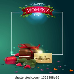 Modern green greeting postcard template to the women's day with frame to text, candy and rose