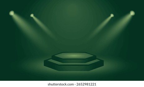 Fundo de pódio de hexágono verde moderno iluminado por holofotes perfeitos para exibição de produtos, eventos, apresentações e designs de publicidade elegantes em uma cena limpa e elegante.