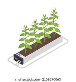 Modern green house isometric composition with isolated image of futuristic gardening appliance smart garden vector illustration
