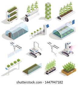Modern green house isometric elements with automated hydroponics and aeroponic smart garden beds robotic assistant vector illustration 