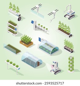 Modern green house isometric elements with automated hydroponics and aeroponic smart garden beds robotic assistant vector illustration
