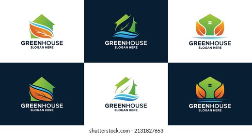 modern green house logo design. creative house combine with water and leaf logo inspiration.