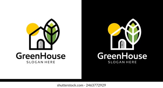 Modern green house logo design template. Home building logo with leaf and sun graphic design with a line style model icon vector