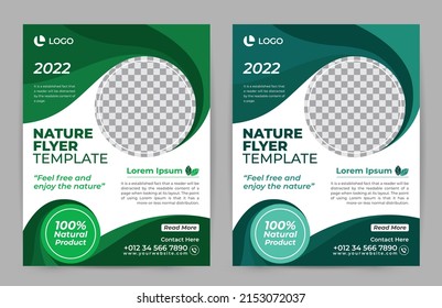 Modern green leaf eco flyer, poster, leaflet vector template. marketing materials, ads, natural product templates