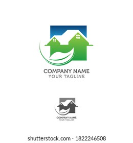 Modern green living logo, gradient color, house building and leaf vector icon